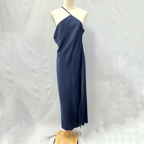 Asos Design one shoulder midaxi dress in satin w/ drape back in navy size 10 NWT - Picture 1 of 15